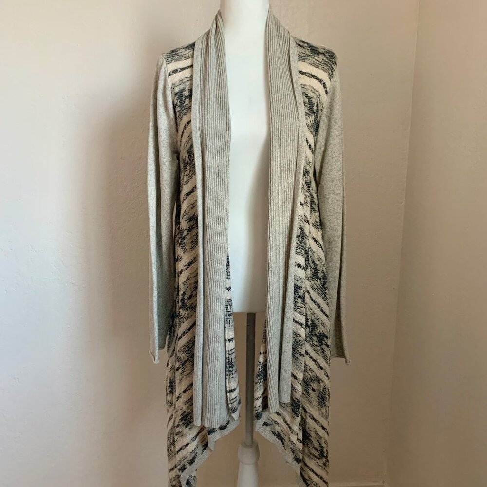 LUCKY BRAND Aztec Open Front Long Cardigan Sweater Grey Multi M
